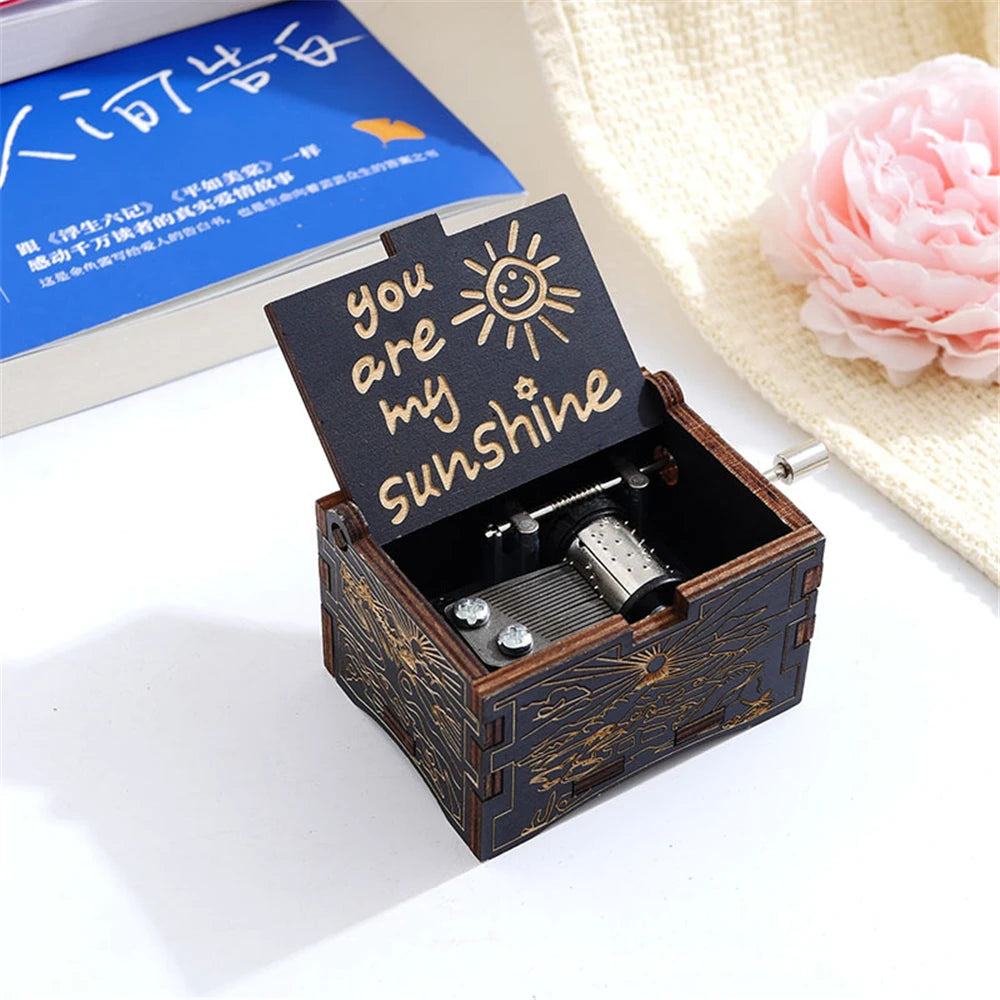 Carving Wooden Hand Crank Music Box Mini Musical Box You Are My Sunshine Theme Birthday Gift for Wife Husband Daughter Friend