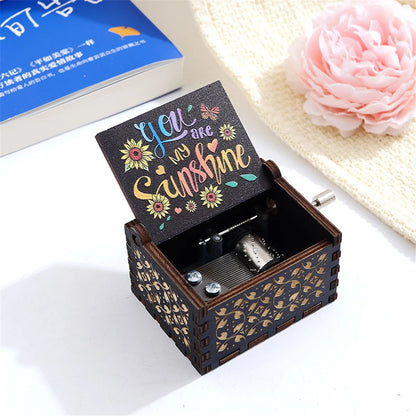 Carving Wooden Hand Crank Music Box Mini Musical Box You Are My Sunshine Theme Birthday Gift for Wife Husband Daughter Friend